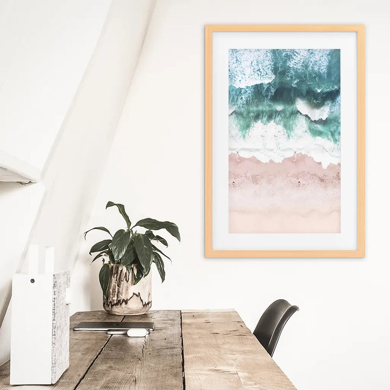 Aerial Coastal Ocean Wall Decor. Pink Beach, Blue Waves