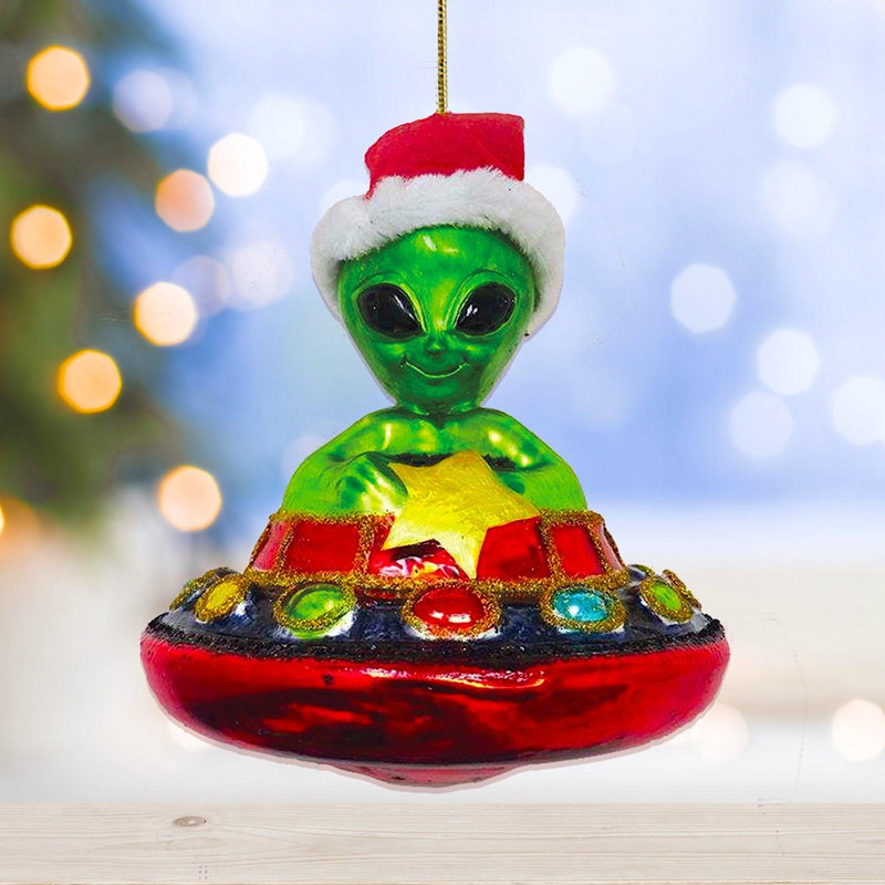 Alien and UFO Glass Christmas Ornament