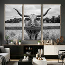 Black White Texas Longhorn Bull Canvas Wall Art, Western Ranch Cattle Photography Print, Rustic Farmhouse Cowboy Decor Artwork by MyGreatCanvas | Canvas Wall Art Prints | Photo Prints & Wall Decor