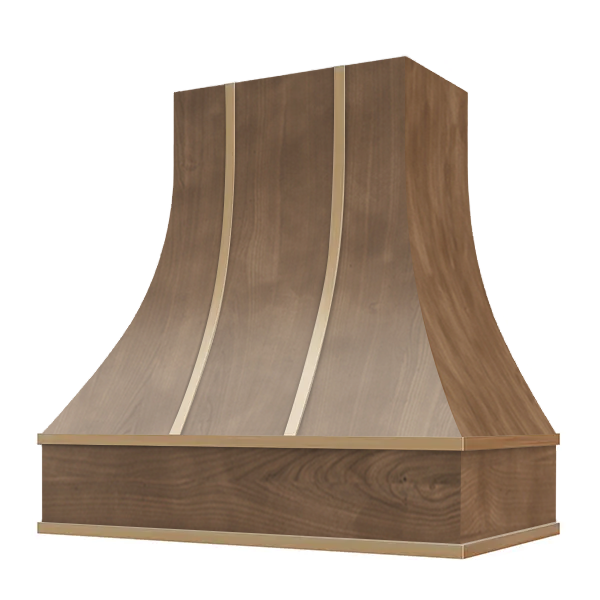 American Walnut Range Hood With Curved Front, Brass Strapping and Block Trim - 30", 36", 42", 48", 54" and 60" Widths Available