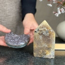 Amethyst moon cluster and Agate Crystal Tower, Large moon amethyst crystal, Crescent moon amethyst, Druzy moon, Amethyst crystal