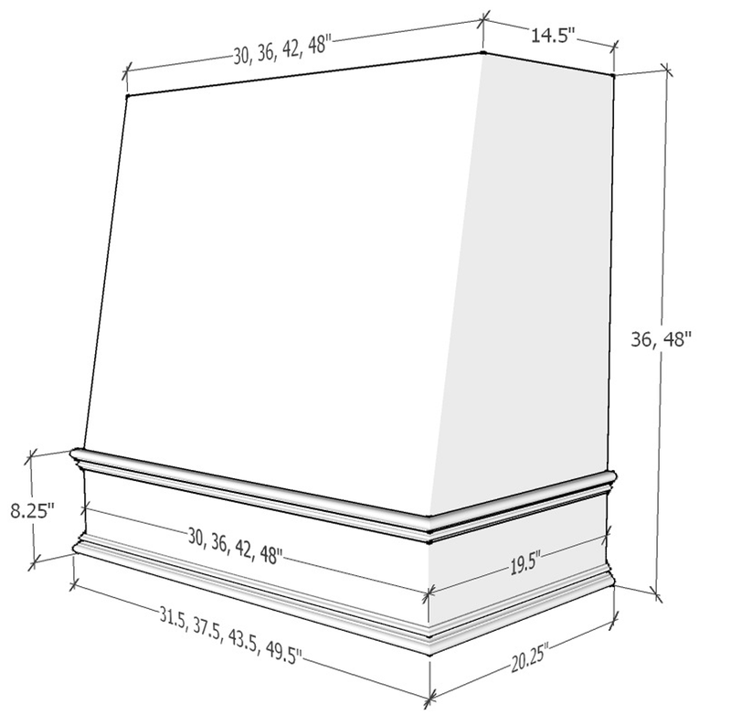 Unfinished Wood Range Hood With Angled Strapped Front and Decorative Trim - 30", 36", 42", 48", 54" and 60" Widths Available