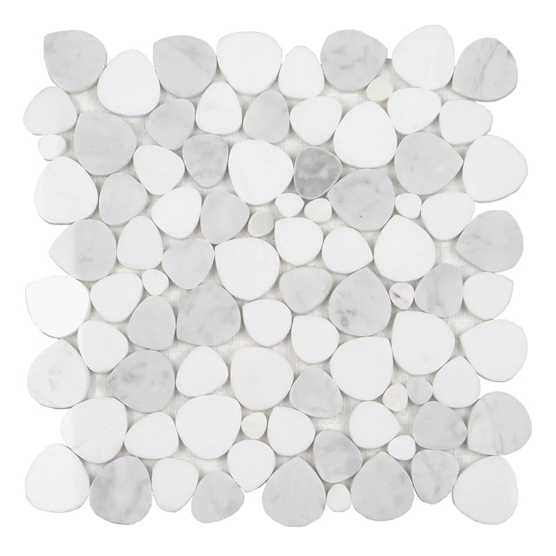 Aquatica Bianco Carrara Thassos Sliced Marble Pebble Mosaic 11.75"x12" - Ocean Stones Sliced Collection