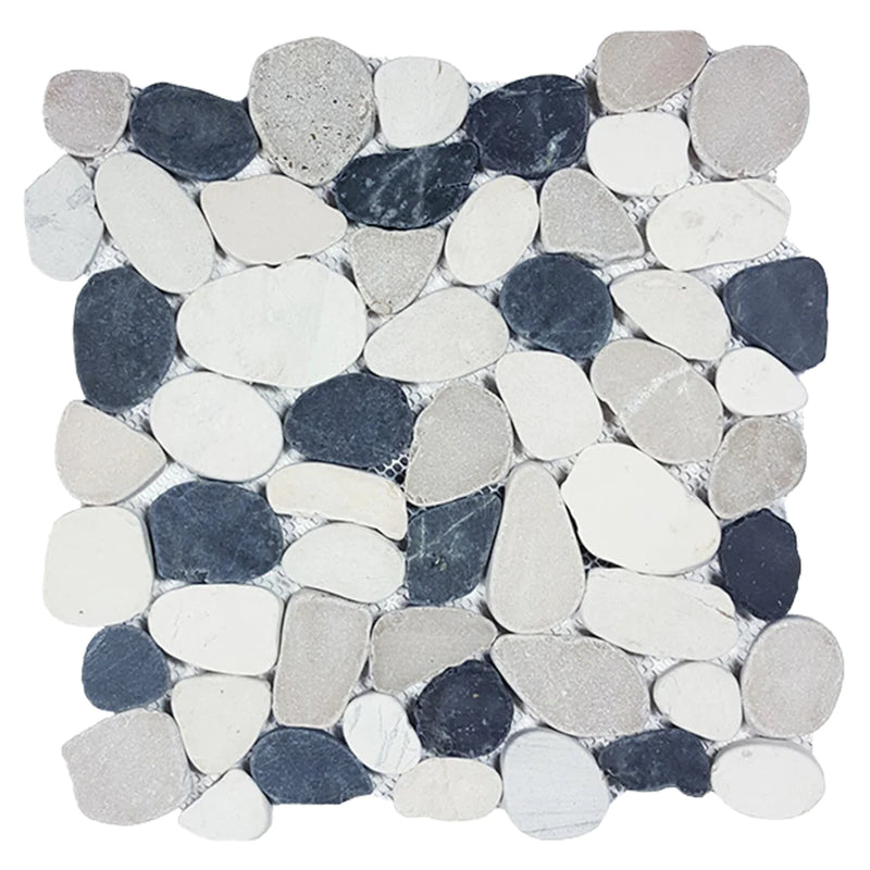 Aquatica Black/White/Tan Sliced Pebble Mosaic 11"x11" - Ocean Stones Sliced Collection
