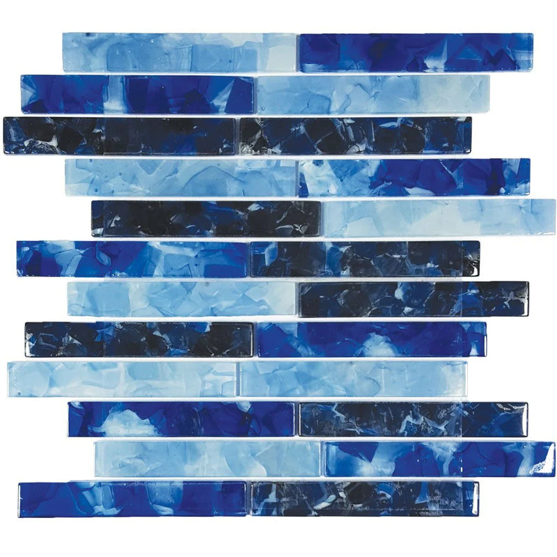 Aquatica Blues Blend 1"x6" Glass Mosaic Tile 11.75"x12" - Flower Glass Collection