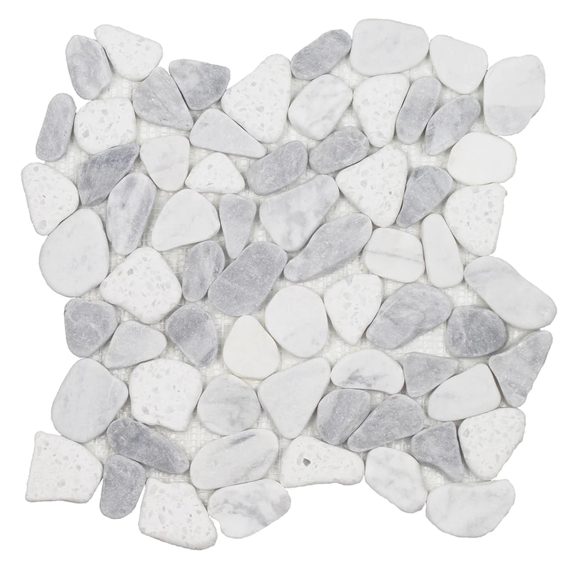 Aquatica Terrazzo Carrara Bardiglio Sliced Pebble Mosaic 12"x12" - Ocean Stones Sliced Collection