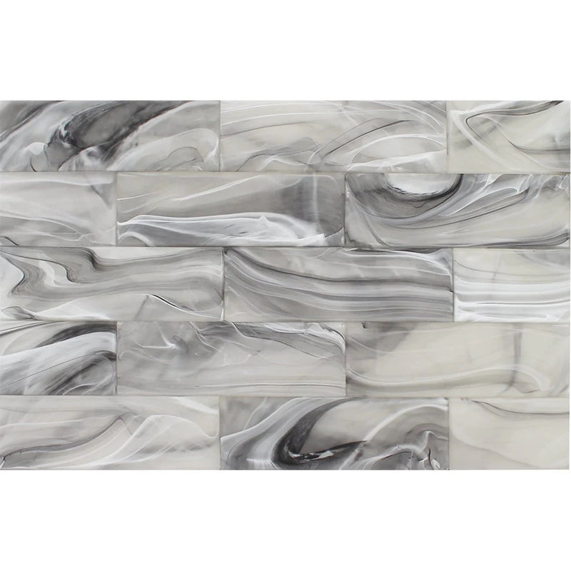 Aquatica Thunder Glass White on Black Glass Tile 3"x9" - Clouds Collection