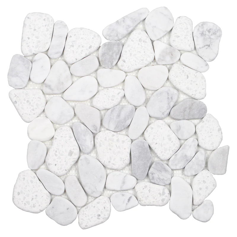 Aquatica White Terrazzo Carrara Sliced Pebble Mosaic 12"x12" - Ocean Stones Sliced Collection