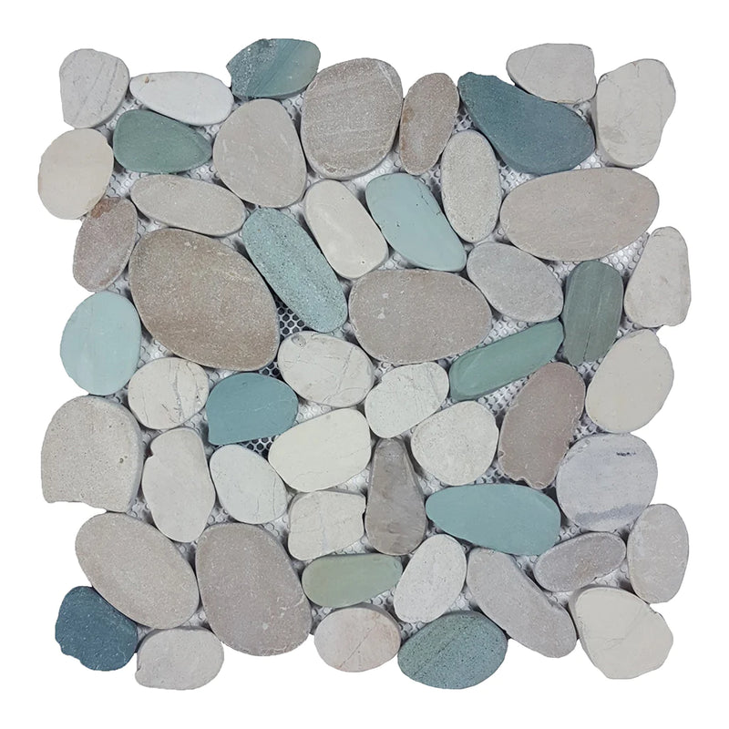 Aquatica White/Green/Tan Sliced Pebble Mosaic 11"x11" - Ocean Stones Sliced Collection