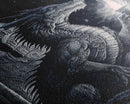 Dragon holding a torch, poster art, black and white dragon