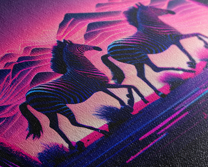 Zebras running through the plains, synthwave art, framed canvas print, framed wall art