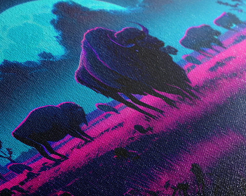 American Buffalo, Retrowave art, herd of Bison and a full moon, framed canvas print