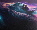 Cosmic Roar, lion roaring at the stars, synthwave galaxy and lion art, framed canvas print, unique framed wall art