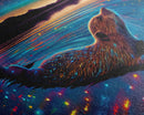 Cute beaver swimming at midnight, vaporwave aesthetic animal print art, starry night beaver, framed canvas print