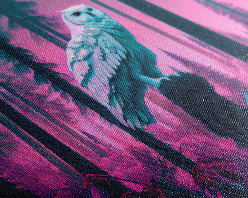 White owl in synthwave forest, vaporwave style animal print art, framed canvas print