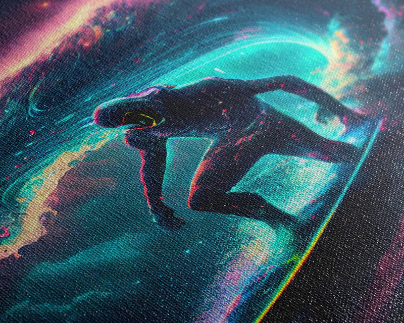 Astronaut surfing the stars, Cosmic Surfer, Galaxy Art, framed canvas print, unique colorful wall art