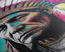 The Warrior, Native American Chief, Graffiti Art Portrait, Framed Canvas Print, Rainbow Feather Mohawk, Pop Art Portrait