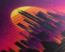 Outrun Style Futuristic Cyberpunk City Skyline at Sunset, Concept art, framed canvas print, dystopian art