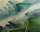 Green Blue Foggy Mountain Valley Watercolor Canvas Art Print, Panoramic Misty Rolling Hills Landscape, Extra Large Panorama Print