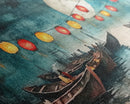 Framed Canvas Print Full Moon Lanterns on Boats, Dreamy Night Scene, Watercolor Christmas Art, Unique Holiday Decor, Coastal Christmas