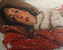 Cowgirl Laying In The Snow Framed Canvas Print, Cute Rustic Decor, Cowgirl Portrait Painting, Winter Wall Art