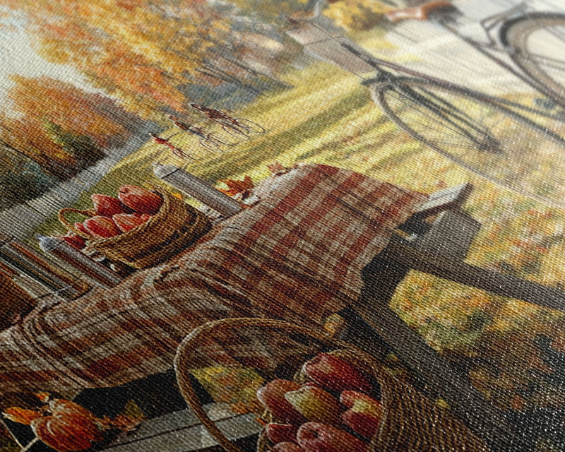 Autumn picnic with apples and plaid tablecloth, fall farmhouse decor, canvas print, country autumn art, autumn wall decor