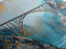 Steel Bridge, landscape painting, mountain painting, panoramic painting, framed canvas print, blue and green wall art
