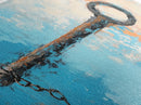 Rustic Key Painting, teal wall art, farmhouse art, coastal decor, framed canvas print, wabi sabi art, extra wide art, moody art