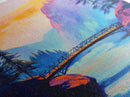 Vibrant Mountain Bridge, pink orange wall art, forest at dusk painting, landscape painting, above bed wall art, Canvas Print
