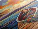 Tropical Boat Sunset Painting, Canvas Print coastal boat art, Caribbean vibe, boho beach house decor, entryway or bathroom wall piece