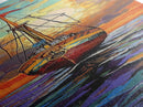 Pirate Ship, Sunset Ocean, Framed Canvas Print, nautical wall art, sailing adventure painting, moody seascape decor, office or den wall art