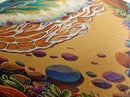 Coastal Shoreline, Footprints, Framed Canvas Print, Coastal beach waves and footprints art with colorful rocks, Bathroom Wall Art