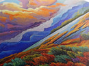 Autumn Mountains, Path, Landscape, Framed Canvas Print, serene autumn mountain scene with vibrant clouds, colorful field trail art