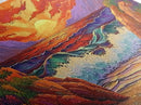 Sunset Waves, Rocks, Framed Canvas Print, Vibrant ocean sunset, crashing waves cliffs painting, Coastal Decor, Beach House Wall Art
