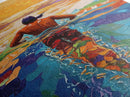 Man Swimming Sunset, Ocean Freedom Art, Tropical Wall Decor, Canvas Print, Bright Water Colors, Bold Bathroom Wall Art