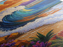 Wave Sunset, Ocean, Flowers, Canvas Print, Crashing sunset wave with tropical flowers, coastal bathroom and surf-themed wall decor