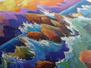Coastal Rocks Waves, Sunset Ocean Painting, Colorful Seaside View, Framed Canvas Print, Nautical Wall Art, Living Room Decor