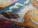 Coastal Wave, Bold Surf, Rocky Sunset, Flower Shoreline, Framed Canvas Print, Nautical Art, Bathroom Beach Landscape Decor