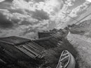 Seaside Village, Driftwood Cabins, Coastal Road, Vintage Fishing Town, Framed Canvas Print, Rustic Kitchen Wall Art, Moody Monochrome