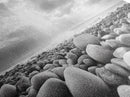 Pebble Beach Sunrise, Serene Rock Shore, Ocean Horizon Light, Framed Canvas Print, Bathroom Wall Art, Minimalist Coastal Decor