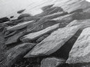 Shore Rocks, Sunlit Ocean, Rugged Texture, Minimal Horizon, Framed Canvas Print, Entryway Wall Art, Beach Decor, Neutral Tones