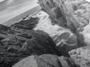 Ocean Cliff Pass, Rugged Coastal Rocks, Nature Power, Monochrome Framed Canvas Print, Moody Bathroom or Masculine Office Art