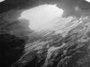 Sea Cave Entrance, Ocean Grotto, Light Escape, Rocky Tide, Canvas Print, Bathroom Wall Art, Black and White Seascape Photo