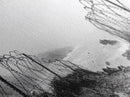 Barbed Coast, Foggy Beach, War Fence, Ocean Boundary, Framed Canvas Print, Industrial Wall Art, Living Room Decor, Black and White Art