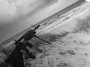 Rifle Seaside Scene, Tactical Still Life, Stormy Beach Mood, Canvas Print, Industrial Wall Art, Dramatic Photography, Masculine Decor