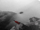 Red Hoodie, Ocean Cliff, Misty Silence, Framed Canvas Print, Minimalist Solitude Art, Mental Health Awareness, Bedroom Wall Decor, Calm Scene