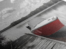 Rustic Boathouse, Red Canoe, Lake Reflection, Tranquil Nature, Framed Canvas Print, Cabin Wall Art, Autumn Lake House Decor