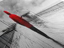 Red Jacket Walk, Rainy Boardwalk Scene, Urban Solitude, Moody Landscape Photography, Canvas Print, Entryway Wall Art, Minimalist Decor
