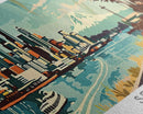 Seattle Washington Panoramic Painting, Mid Century Modern Framed Canvas Print, Retro Pop Art Travel Poster, Living Room Wall Art Decor
