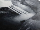 Powerful Waterfall Mist, nature wall art, moody art, mountain painting, black and white photography, dramatic landscape, framed canvas print